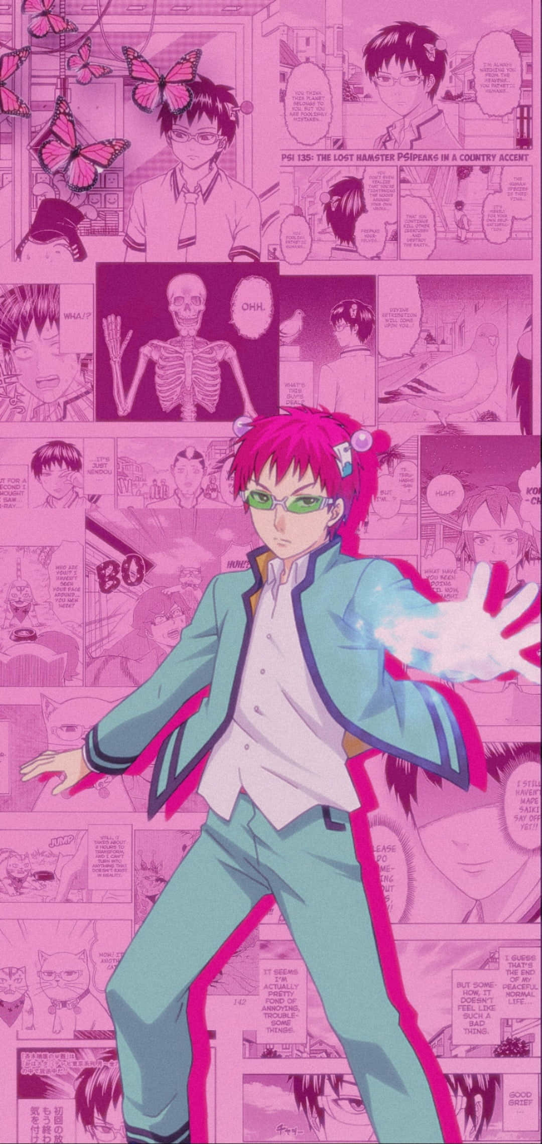 桌布 壁紙 — 一個粉紅色頭髮的動漫男孩，穿著青綠色西裝，在粉紅色光芒下，動態地站在漫畫面板拼貼畫前。