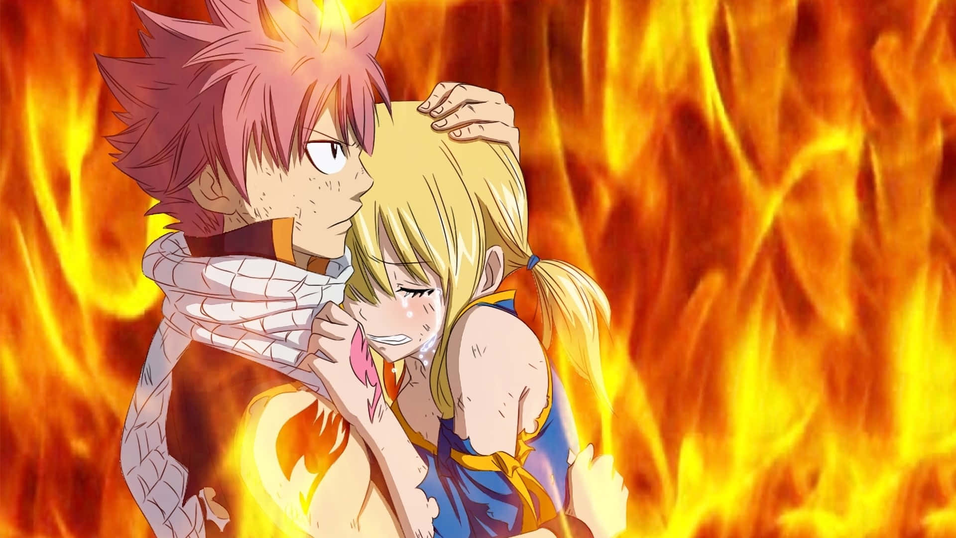 natsu dragneel 桌布 壁紙 — 一個粉紅色頭髮的動漫男孩擁抱著一個哭泣的金髮女孩，他們周圍是咆哮的火焰。