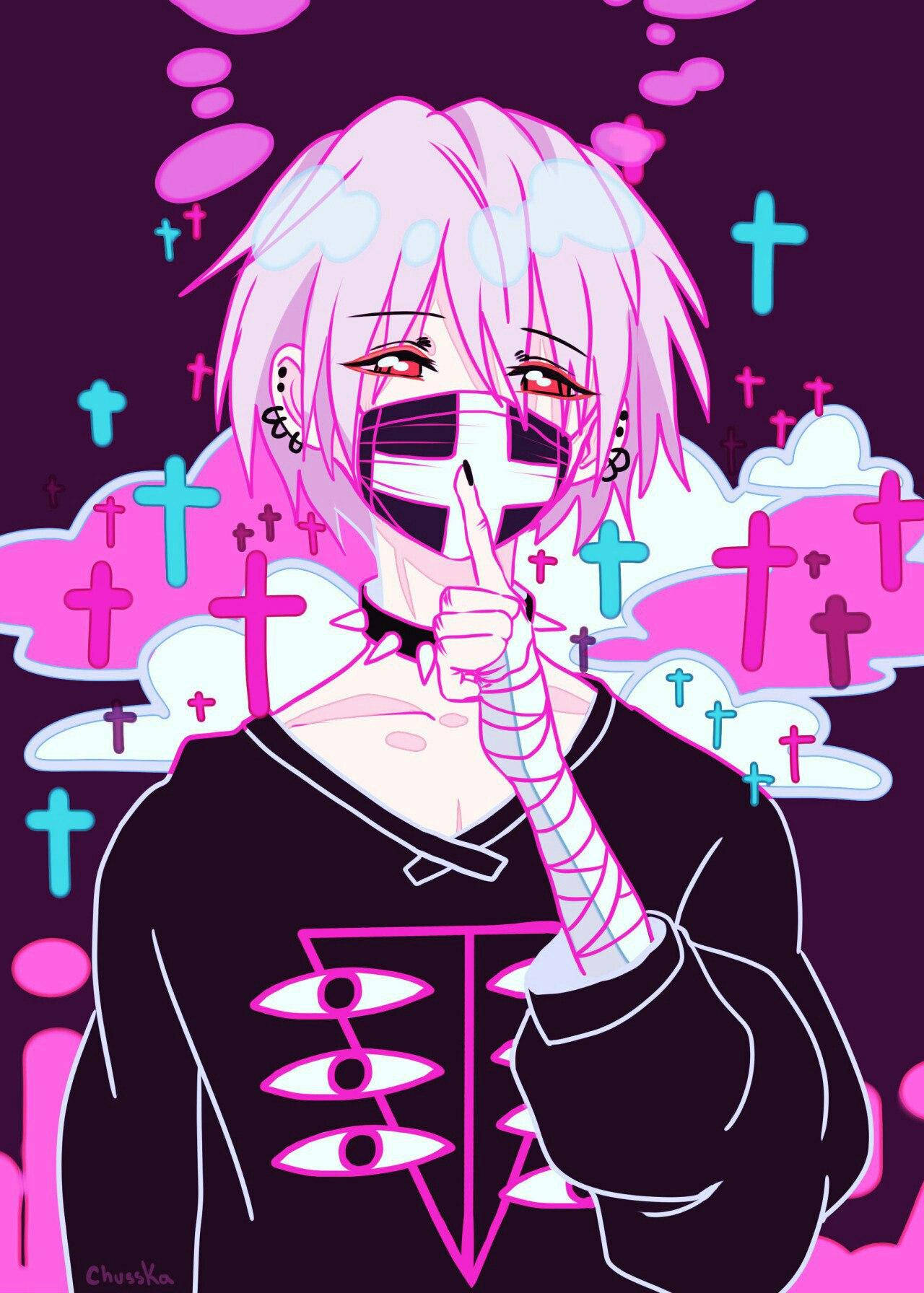 動漫男孩 桌布 壁紙 — 一個粉紅色頭髮的動漫角色，戴著面具和纏著繃帶的手豎起一根手指，背景是超現實的漂浮十字架和雲朵。