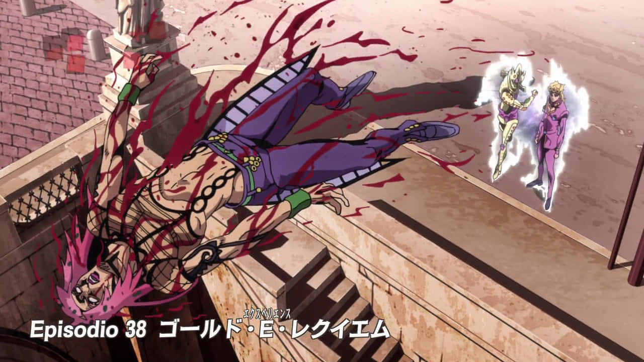 Jojo's Bizarre Adventure Diavolo 桌布 壁紙 — 一個粉紅色頭髮的動漫角色向後飛過濺滿紅色液體的空氣，而兩個發光的人物在屋頂上向他跑來。