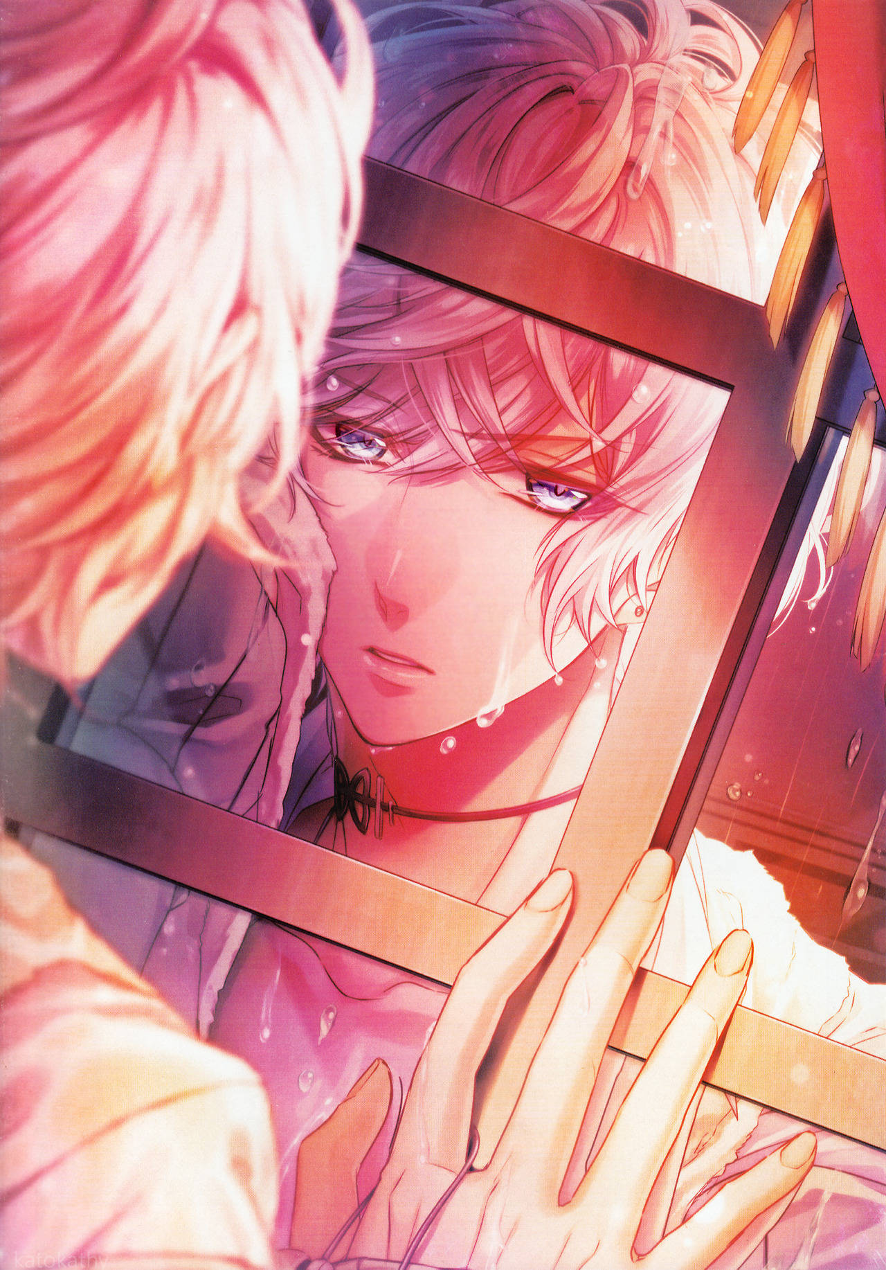 Diabolik Lovers 桌布 壁紙 — 一個粉紅色頭髮的動漫角色在溫暖的金色光線中，凝視著自己在雨水浸濕的窗戶上佈滿淚痕的倒影。