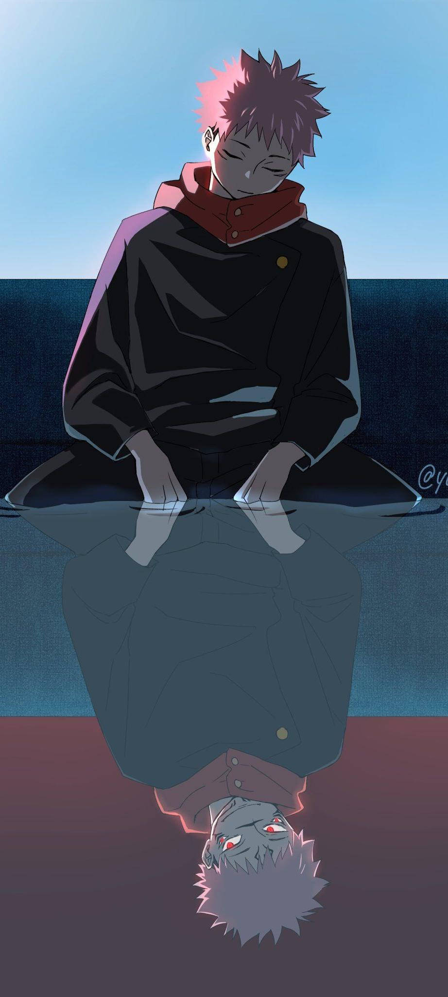 動漫男孩 桌布 壁紙 — 一個粉紅色頭髮的動漫角色坐在水邊，他的倒影顯示出一個帶有紅色眼睛的幽靈般倒轉的自己。
