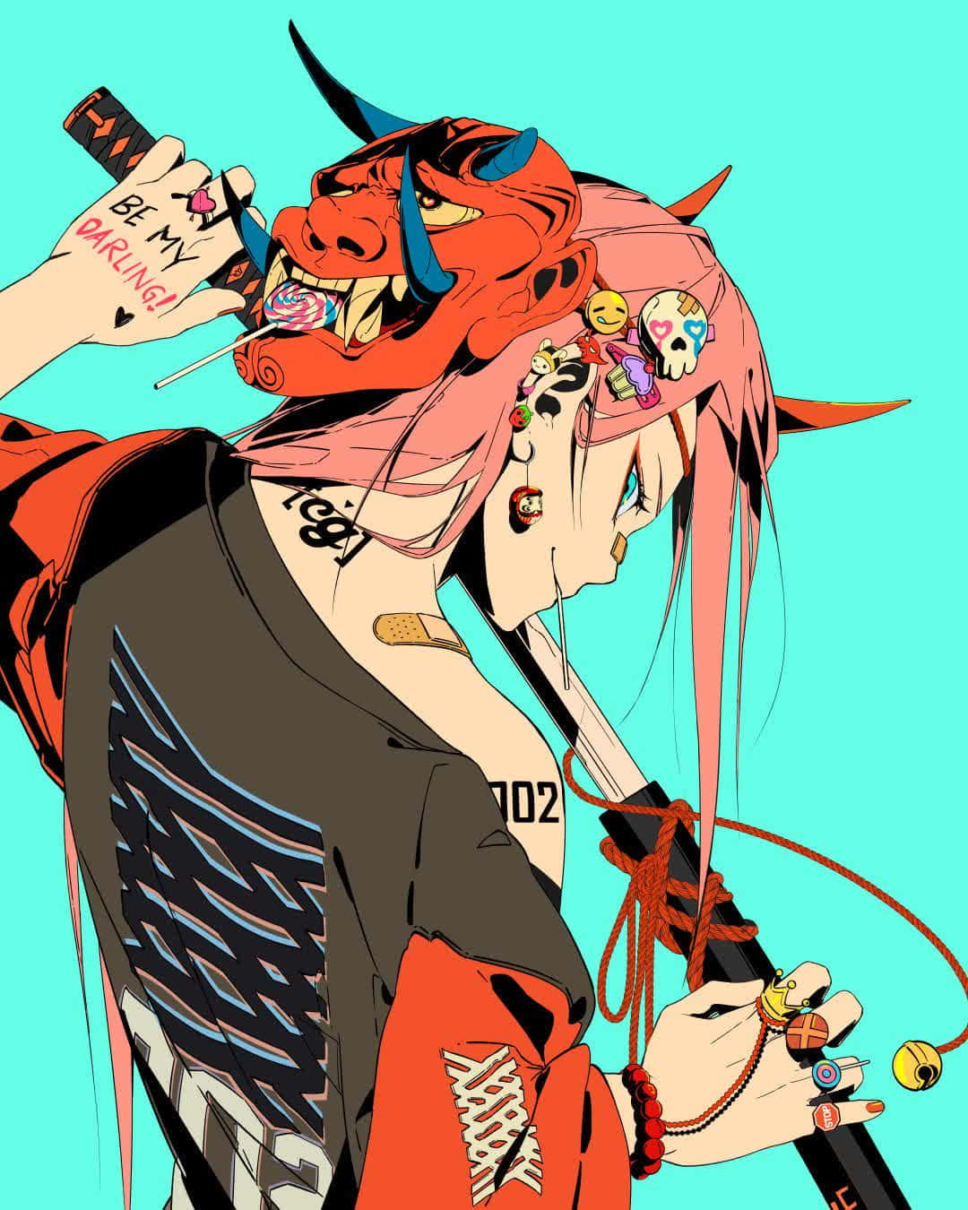 動漫女孩 桌布 壁紙 — 一個粉紅色頭髮的動漫角色戴著紅色惡魔面具，手持劍和棒棒糖，背景為青色。