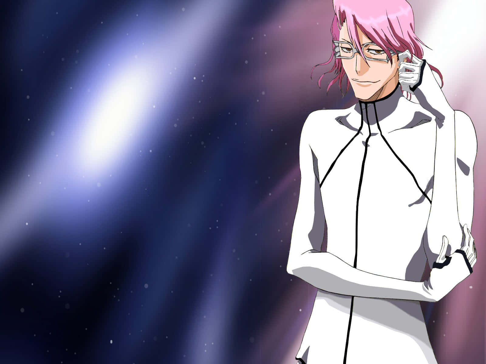 Szayelaporro Granz 桌布 壁紙 — 一個粉紅色頭髮的動漫角色穿著白色制服，在星光宇宙背景和發光光線中自信地站立。