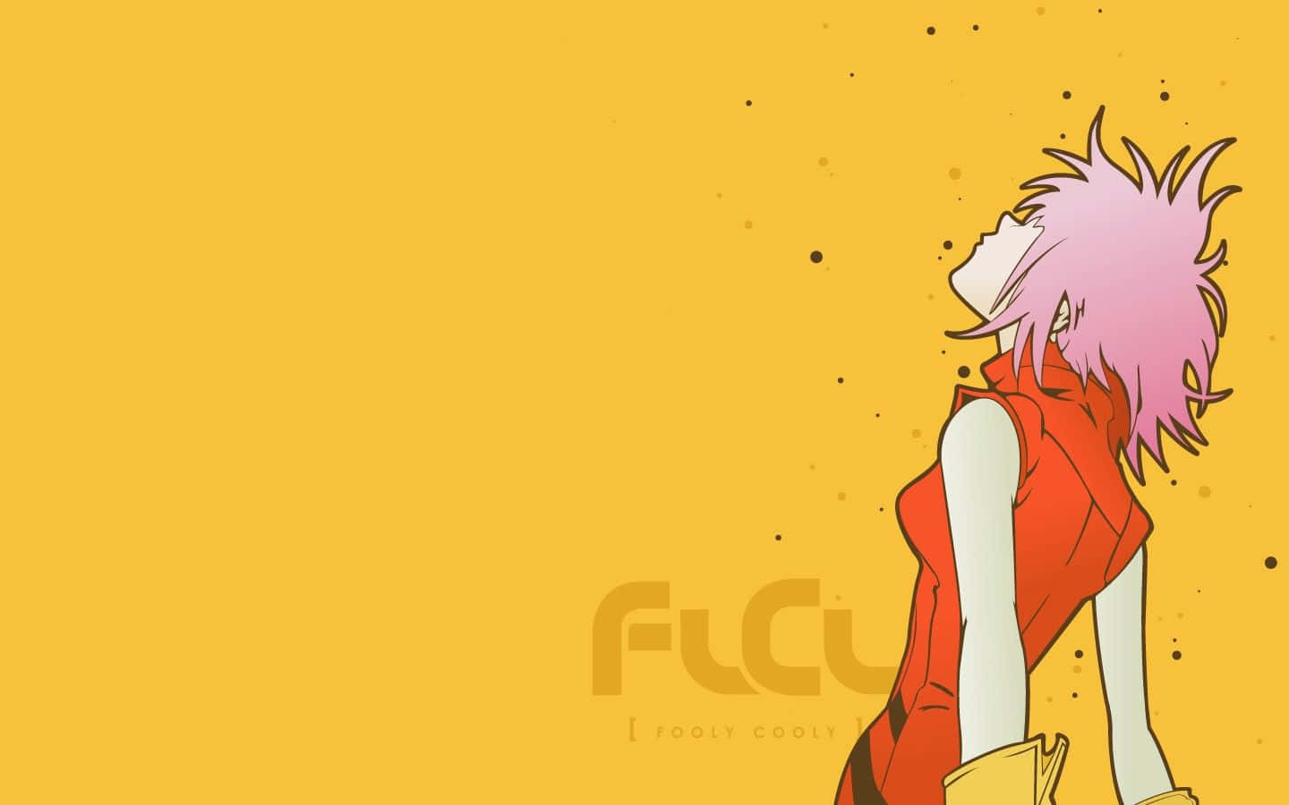 Haruko Haruhara 桌布 壁紙 — 一個粉紅色頭髮的動漫角色穿著紅色無袖上衣，在帶有散落深色斑點的鮮黃色背景上向上凝視。