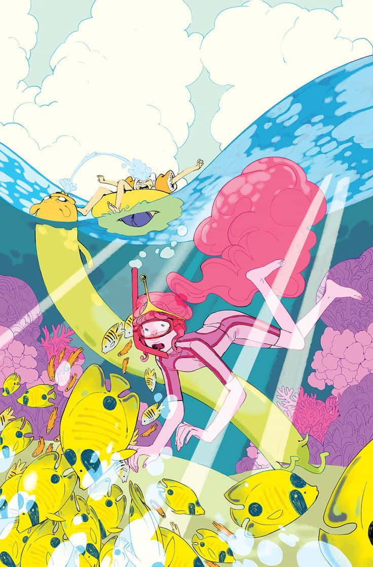 Cartoon 桌布 壁紙 — 一個粉紅色頭髮的女孩戴著呼吸管游過色彩繽紛的珊瑚礁，伴隨著黃色魚群，同時一個黃色生物漂浮在上方的葉子上。