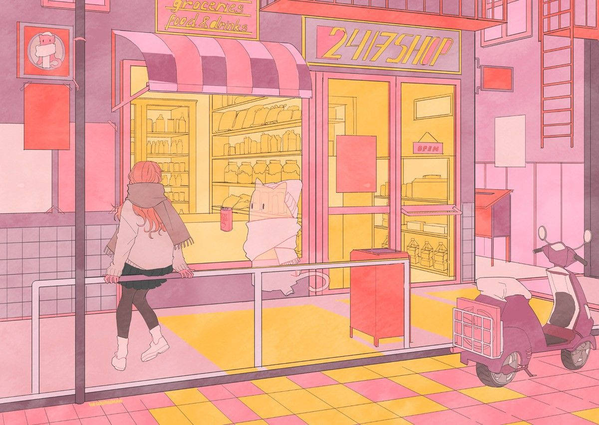 Anime Girl Aesthetic 桌布 壁紙 — 一個粉紅色頭髮的女孩走過一間發光的247商店，店內有貓咪吉祥物在條紋遮陽篷下，位於粉紅色的街道上。