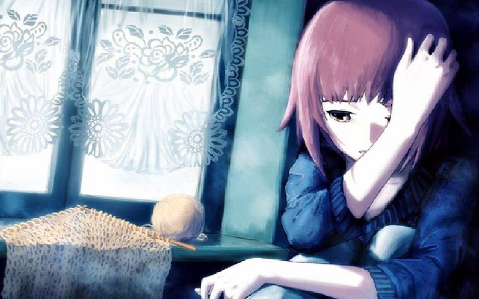 Sad Girl 桌布 壁紙 — 一個粉紅色頭髮的憂鬱動漫女孩坐在窗邊，手遮住臉，柔和的光線透過蕾絲窗簾灑進來。