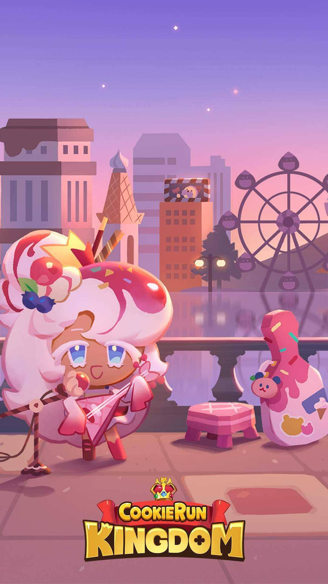 Cookie Run 桌布 壁紙 — 一個粉紅色頭髮的餅乾角色在陽台上彈吉他，旁邊有一個巨型甜甜圈，背景是粉彩色的城市天際線和摩天輪。