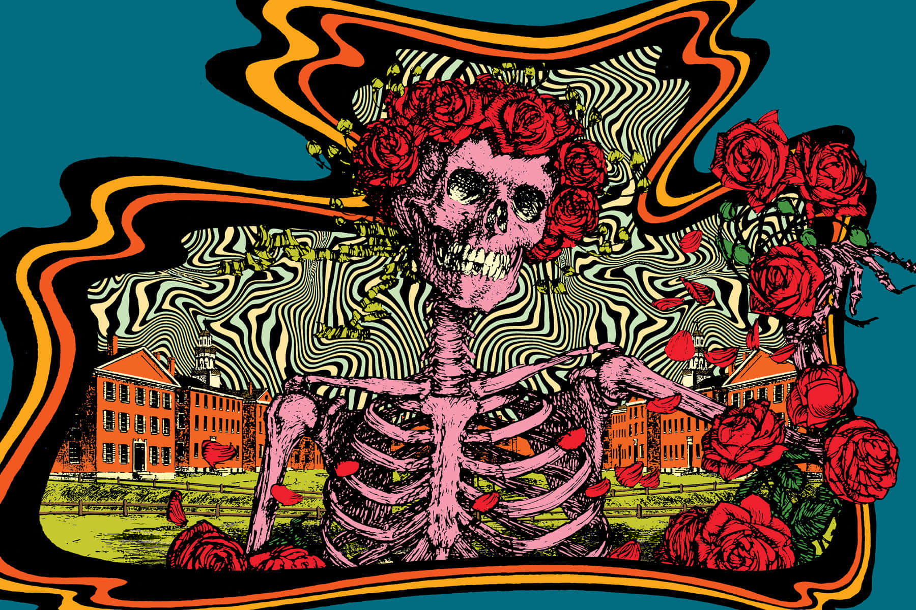 Grateful Dead iPhone 桌布 壁紙 — 一個粉紅色骷髏頭戴紅玫瑰冠，站在扭曲的斑馬紋背景前，背景有橙色建築物。