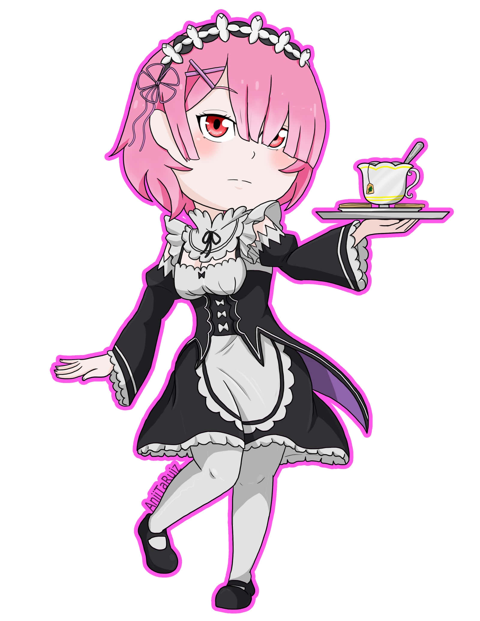 Re Zero Ram 桌布 壁紙 — 一個粉紅頭髮紅眼睛的Q版動漫女孩，穿著黑白女僕裝奉茶。