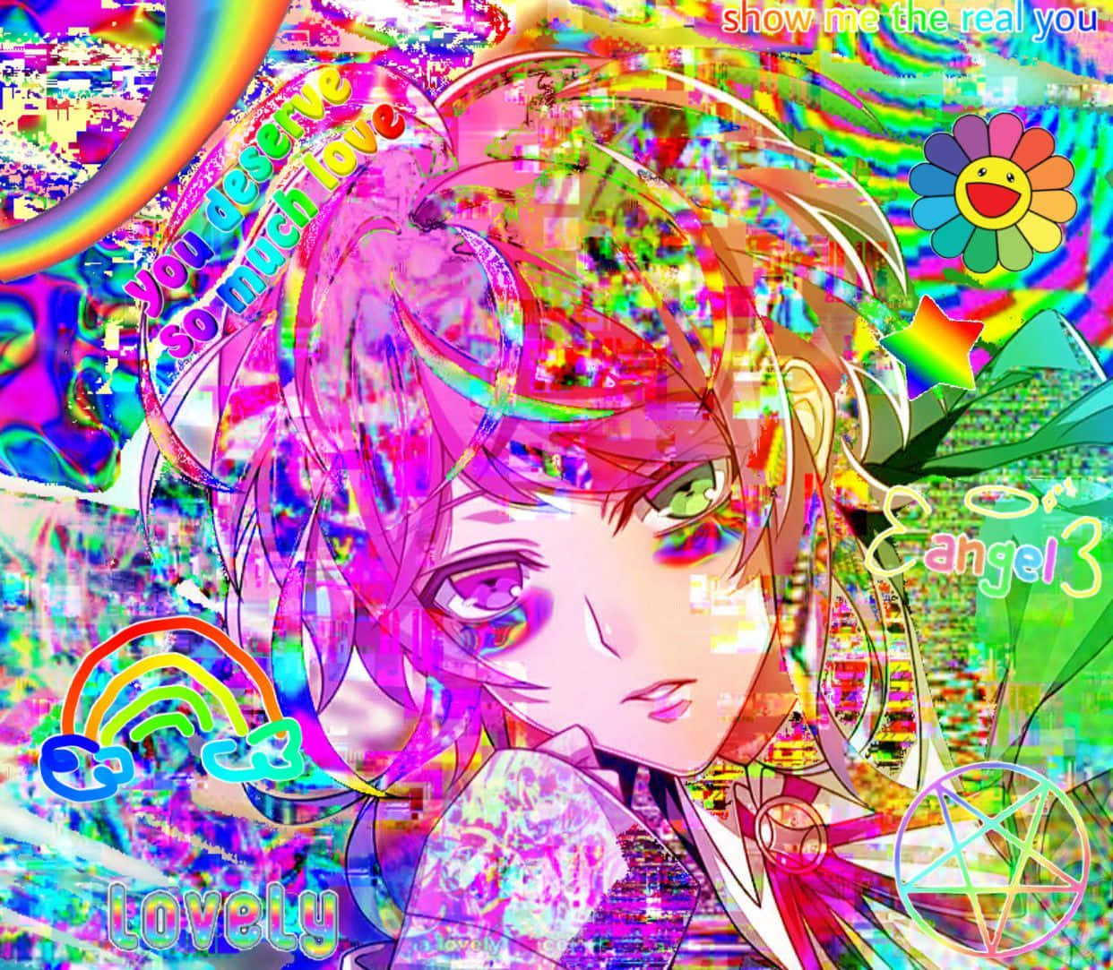 動漫 桌布 壁紙 — 一個粉紅頭髮綠眼睛的故障藝術動漫女孩，被彩虹和文字包圍在迷幻的數位扭曲中。