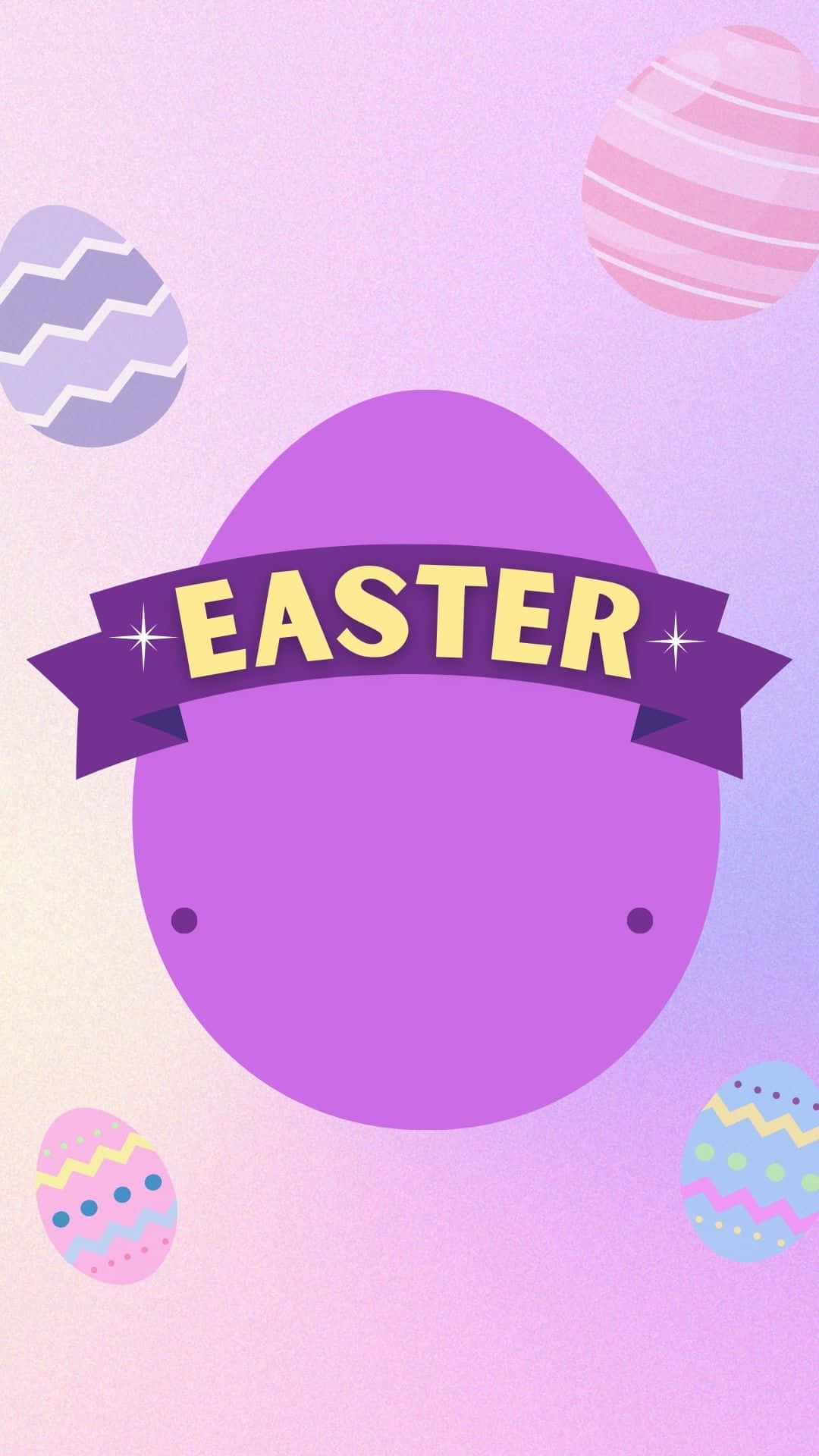 Easter Egg 桌布 壁紙 — 一個粉紫色復活節彩蛋，上面有寫著「EASTER」的橫幅，周圍是裝飾蛋，背景為漸變色。
