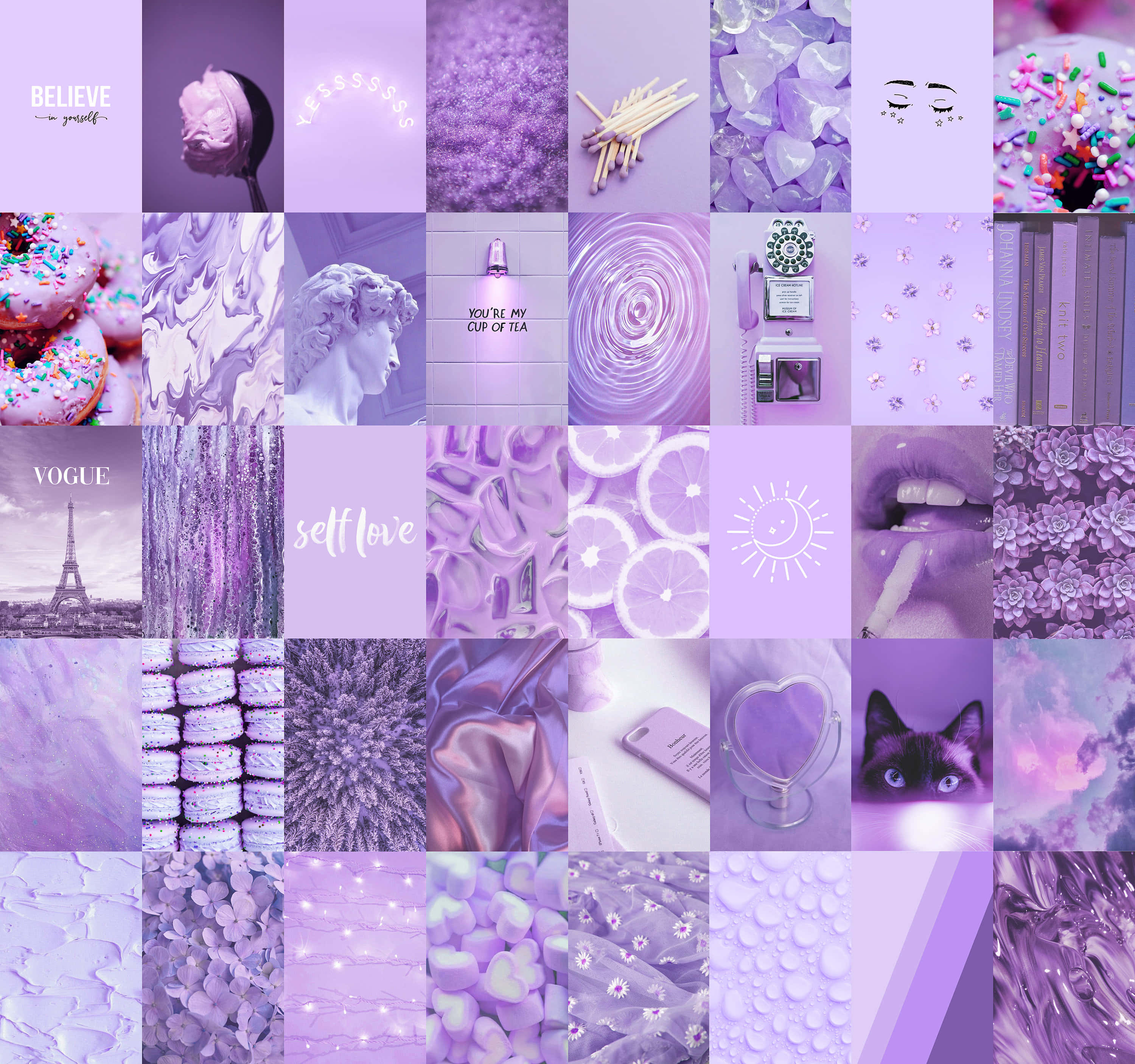 Purple Aesthetic Collage 桌布 壁紙 — 一個粉紫色拼貼網格，包含甜甜圈、貓咪、檸檬和勵志語句，呈現夢幻美學。