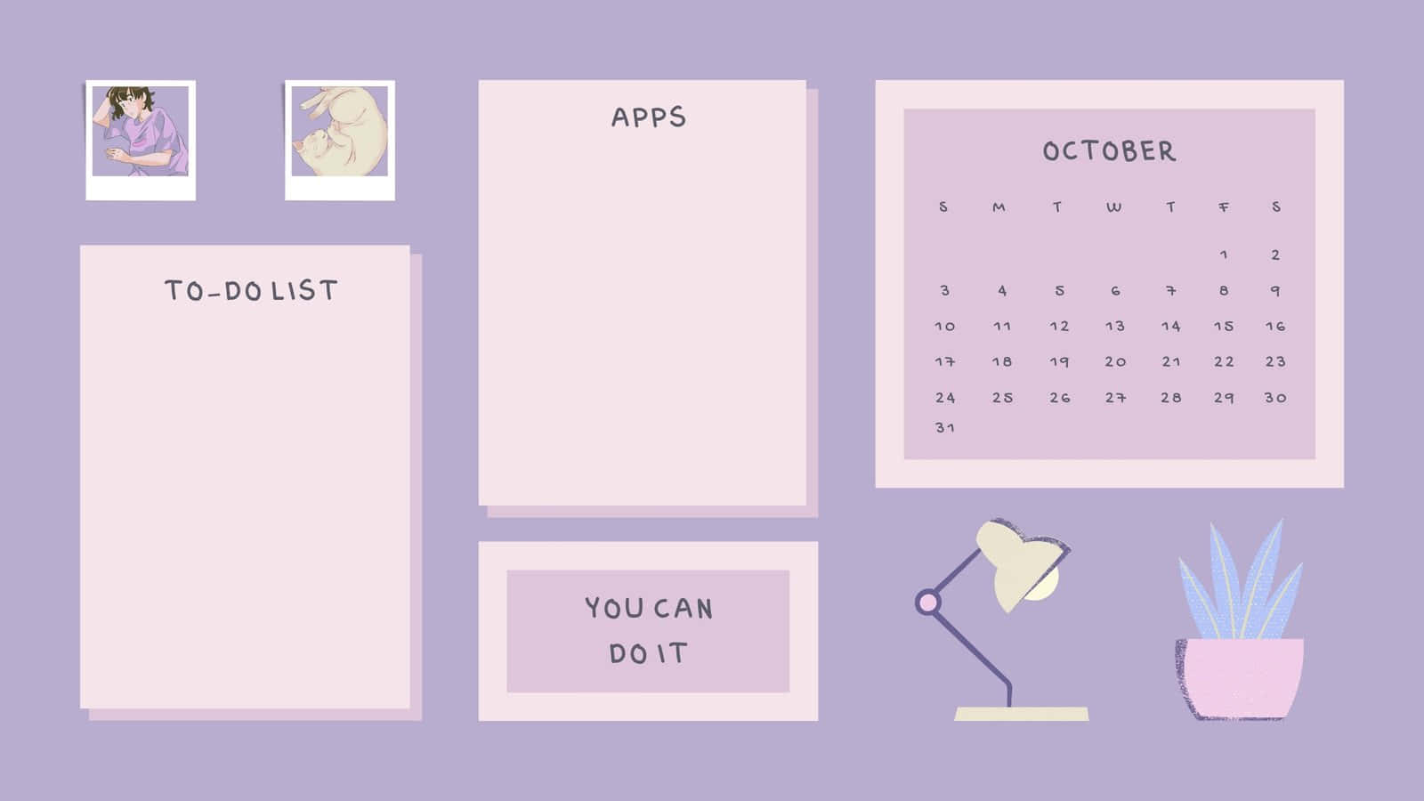 Calendar 桌布 壁紙 — 一個粉紫色數位規劃版面，包含待辦事項清單、日曆應用程式和帶有可愛插圖的勵志名言。