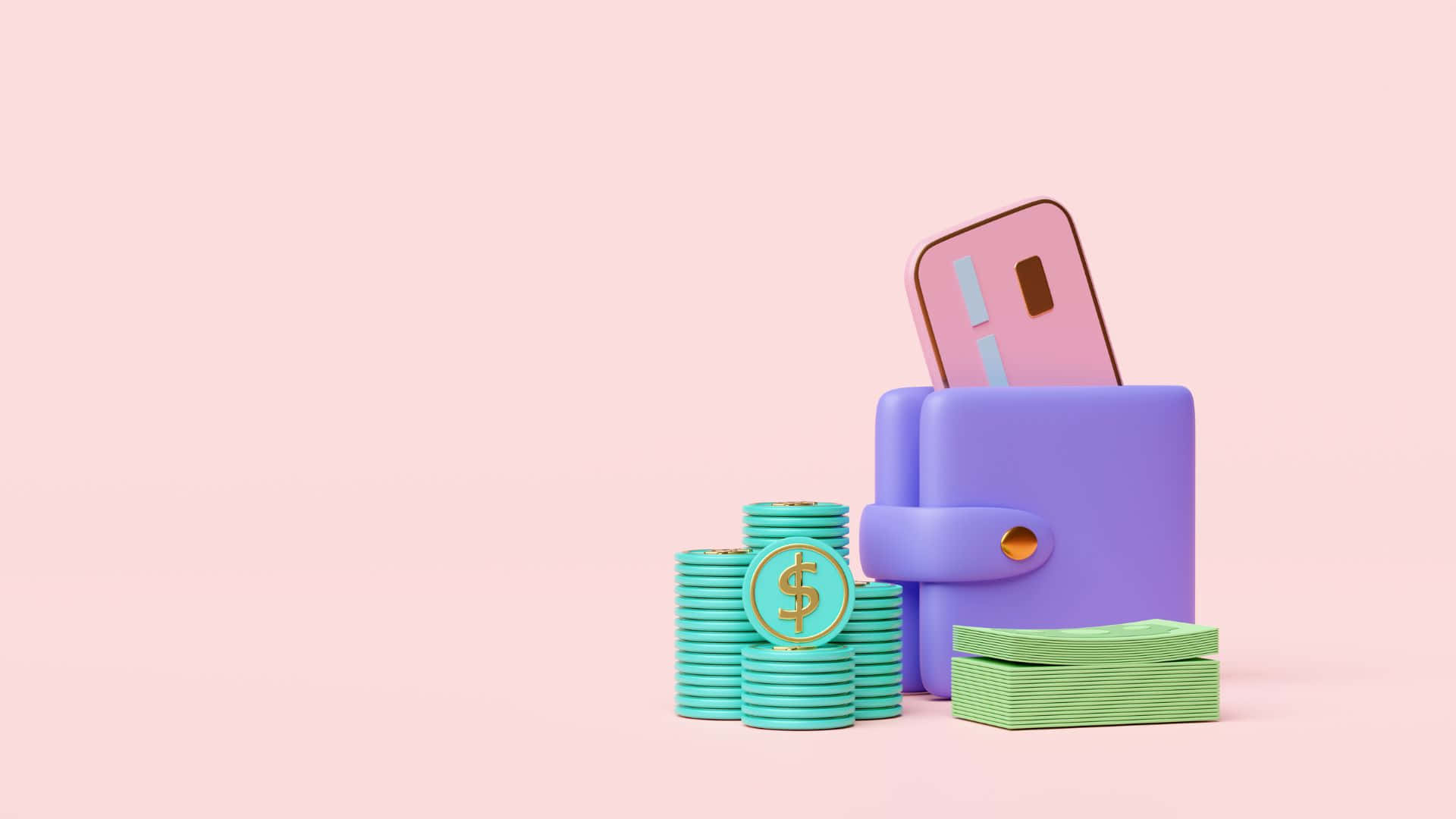 Purple Wallet 桌布 壁紙 — 一個粉紫色錢包在柔和粉紅色背景上，旁邊放著一張粉紅色卡、一堆青綠色硬幣和綠色紙幣。