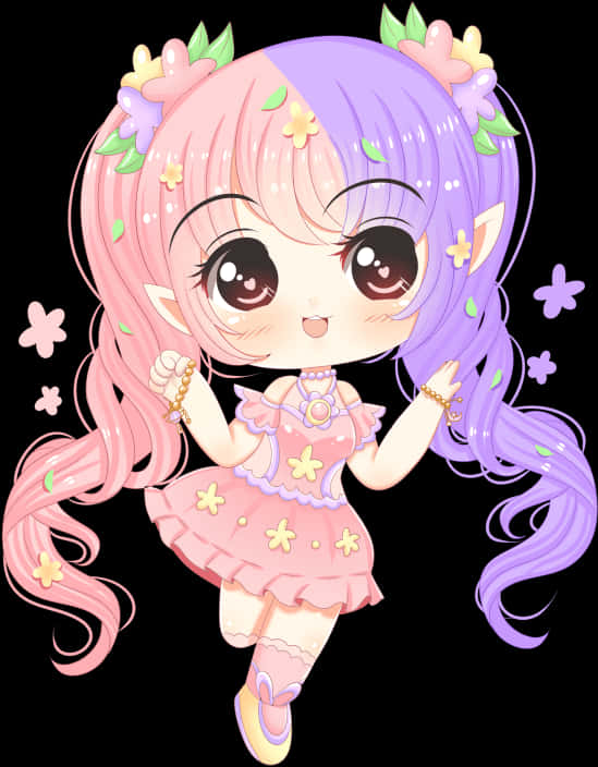 Anime Chibi 桌布 壁紙 — 一個粉紫髮飾有花朵的Q版動漫女孩，穿著粉紅色星星圖案連衣裙，開心地微笑。