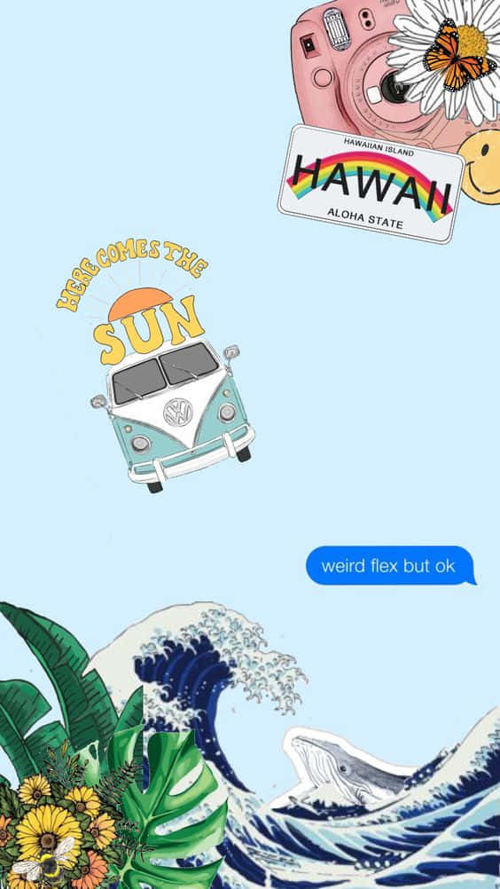 Hawaii iPhone 桌布 壁紙 — 一個粉藍色壁紙拼貼， featuring 一輛復古廂型車、夏威夷車牌、相機、鯨魚和熱帶植物。