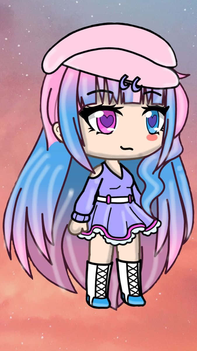 Gacha 桌布 壁紙 — 一個粉藍色頭髮的Q版動漫女孩，戴著粉紅色貝雷帽，穿著紫色連衣裙，背景是星光閃爍的粉紅色天空。