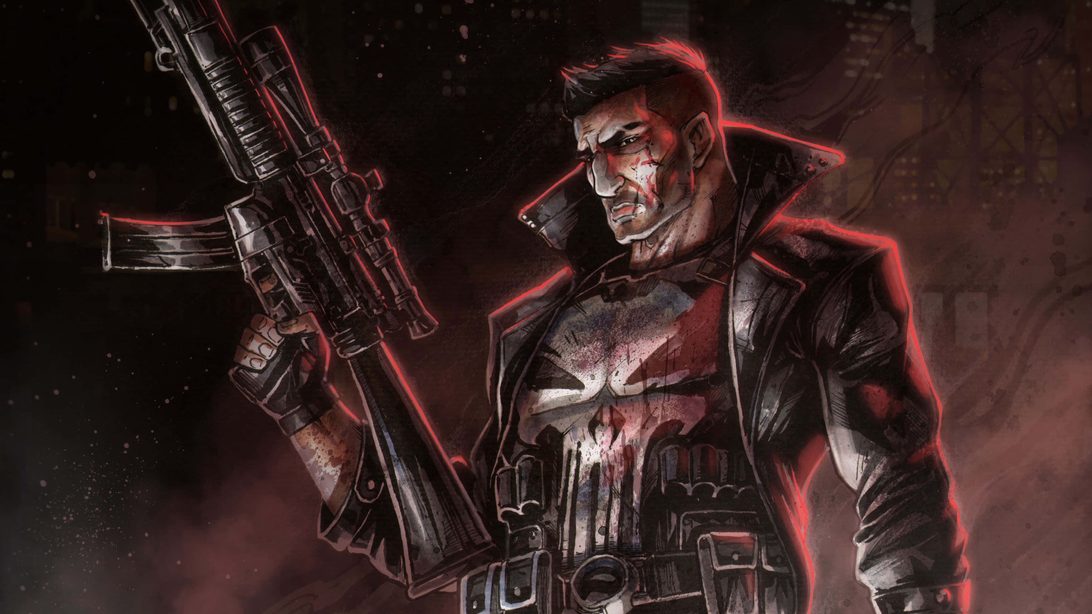 Punisher Desktop 桌布 壁紙 — 一個粗獷漫畫風格的懲罰者站在陰暗的城市廢墟中，手持帶有紅色發光裝飾的步槍。