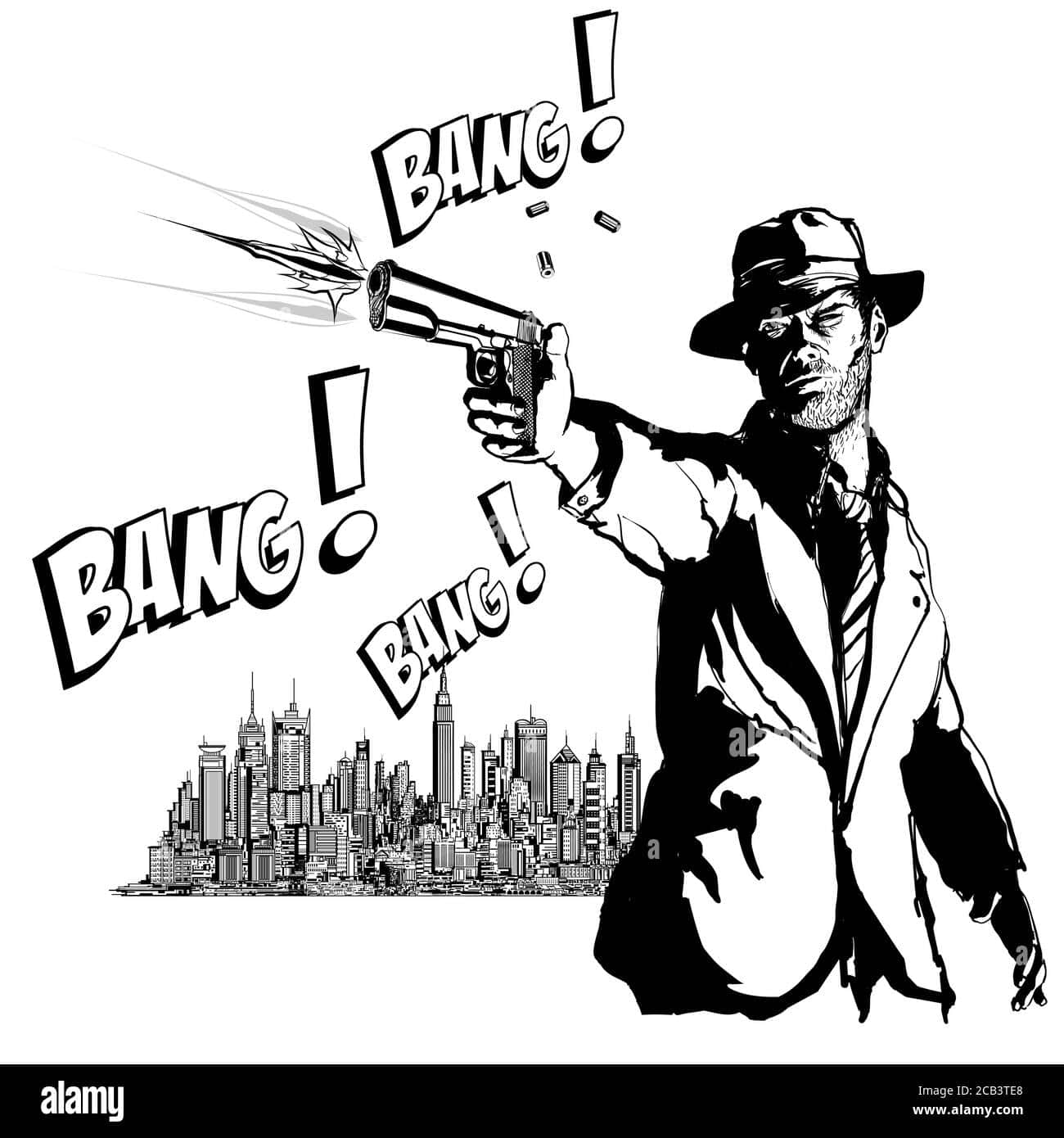 Black Gangster 桌布 壁紙 — 一個粗獷漫畫風格的男人穿著風衣，對著城市天際線開槍，伴有「BANG!」音效。