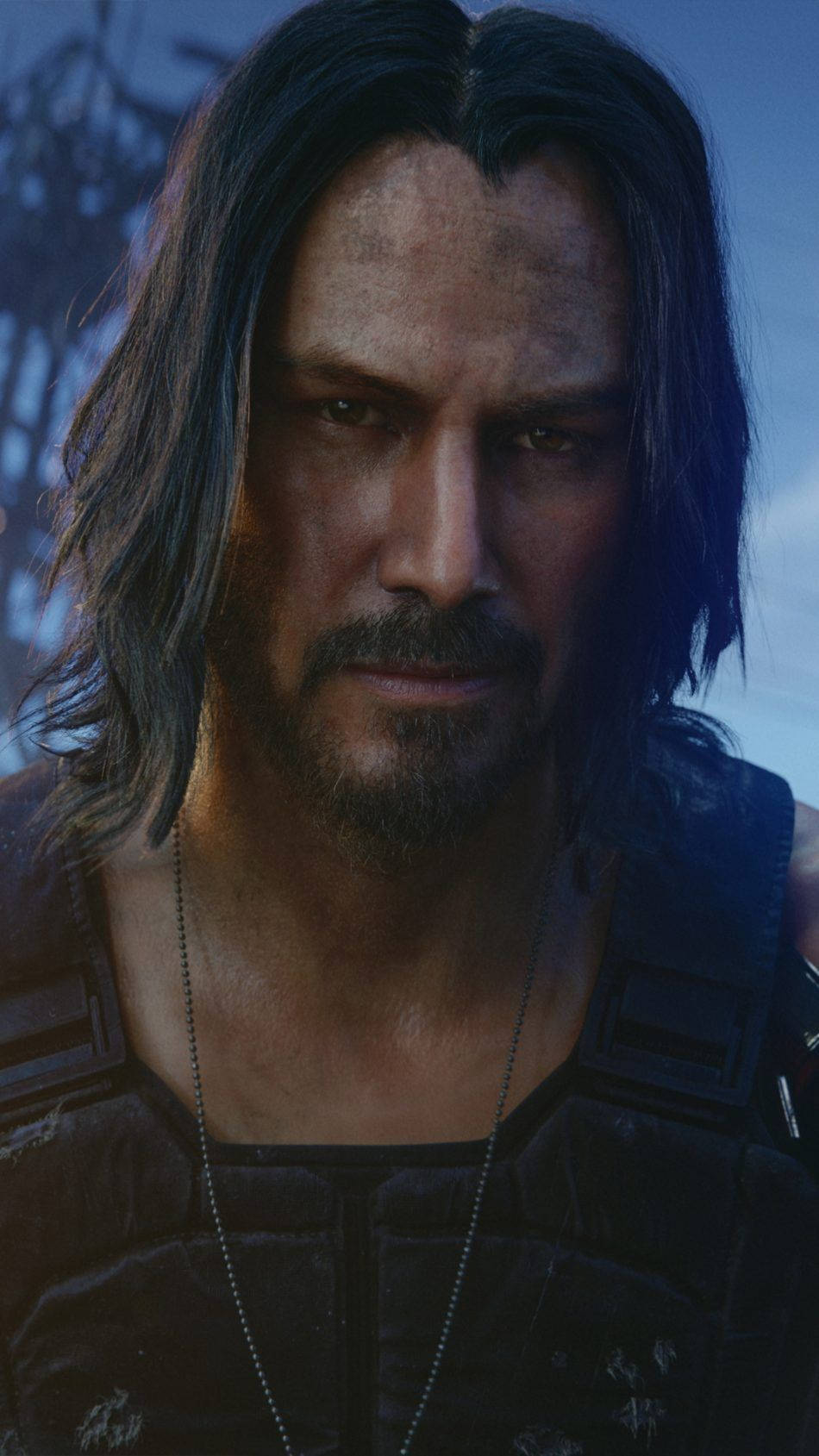 Keanu 桌布 壁紙 — 一個粗獷男人的特寫，長黑髮和鬍鬚，在昏暗藍色燈光下穿著戰術裝備。