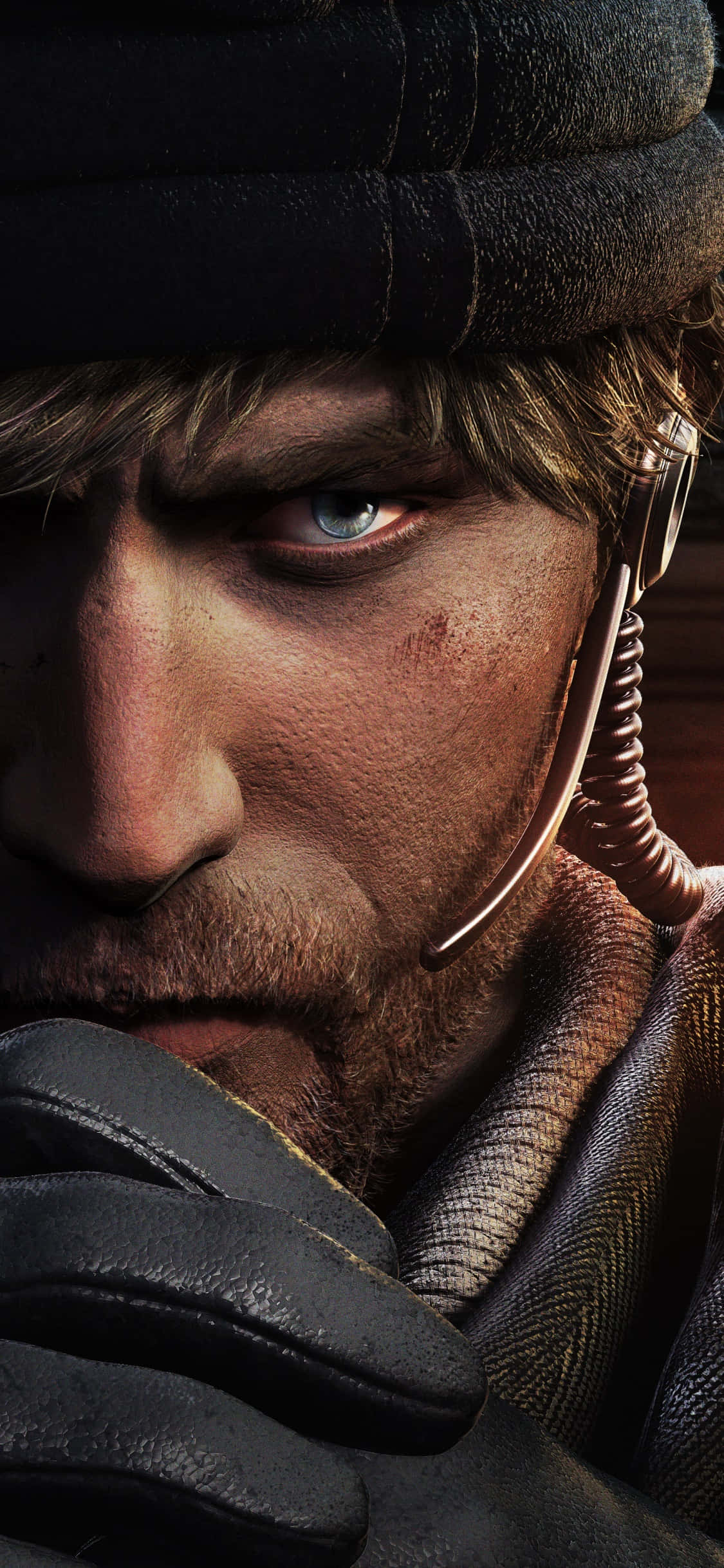 Rainbow Six Siege Maverick 桌布 壁紙 — 一個粗獷男人的粗糙特寫，他有強烈的藍色眼睛，戴著深色帽子和皮手套。