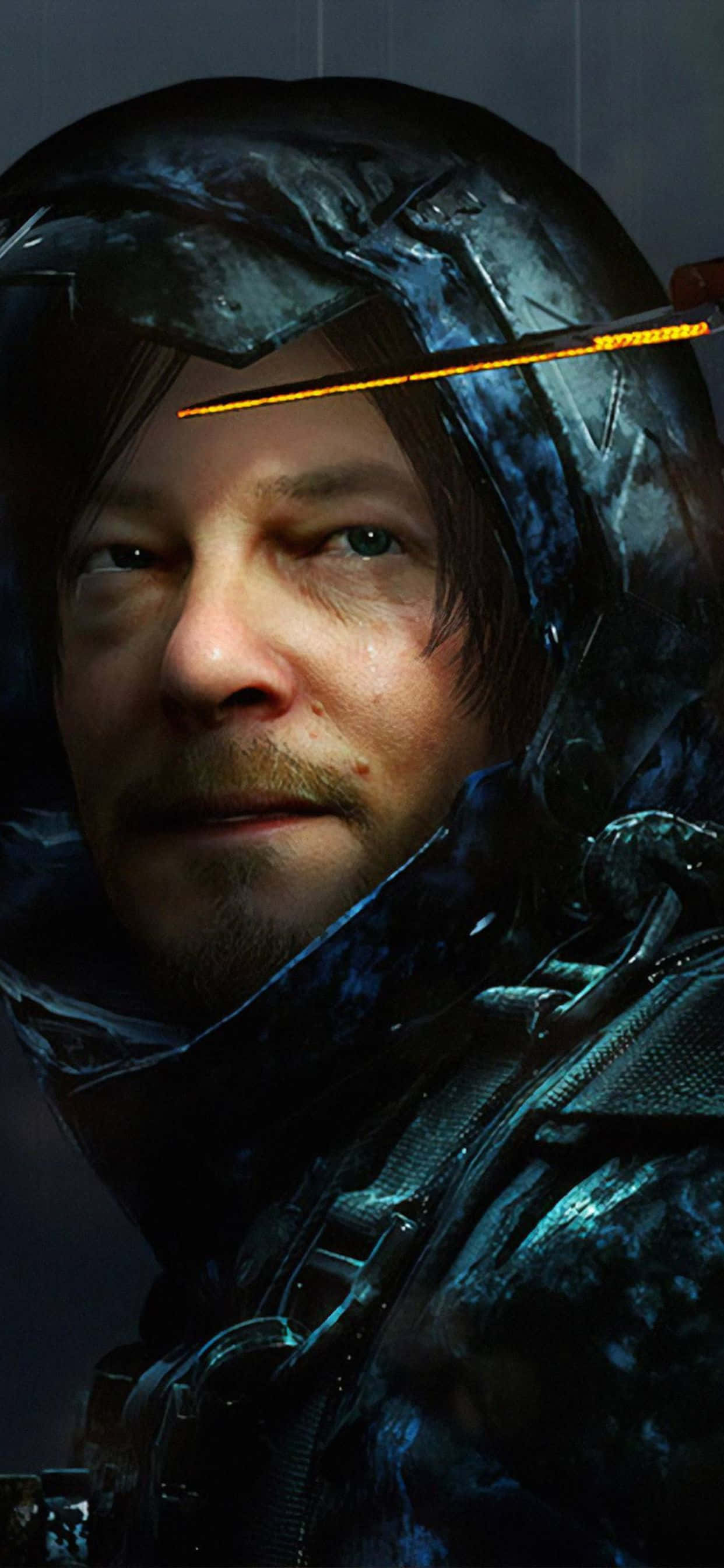 iPhone Xs Max Death Stranding 桌布 壁紙 — 一個粗獷男子穿著深色連帽外套的特寫，一道發光的橙色刀片劃過他的臉。