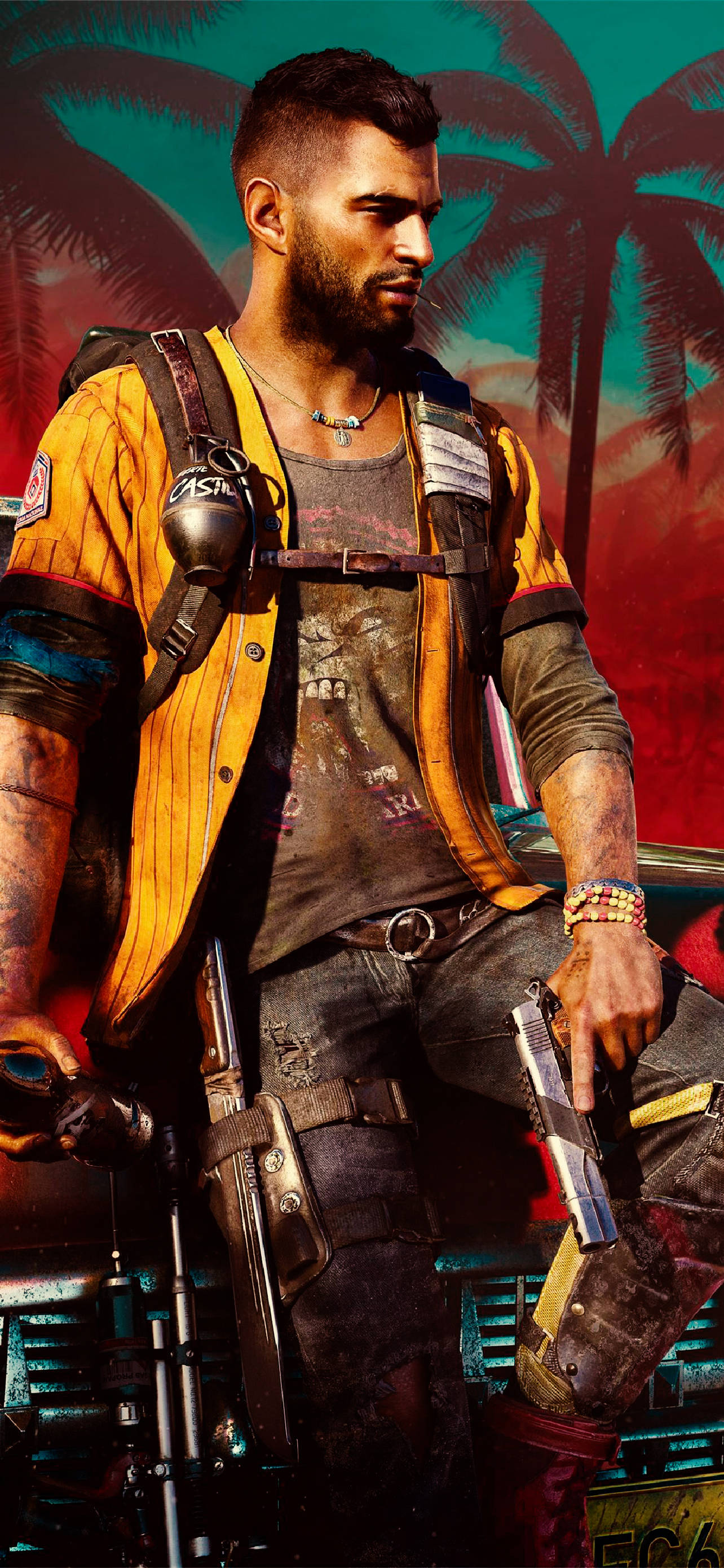 far cry iPhone 桌布 壁紙 — 一個粗獷留鬍的男人，身穿黃色背心和牛仔褲，在充滿活力的熱帶日落背景下，手持手槍，背景有棕櫚樹。