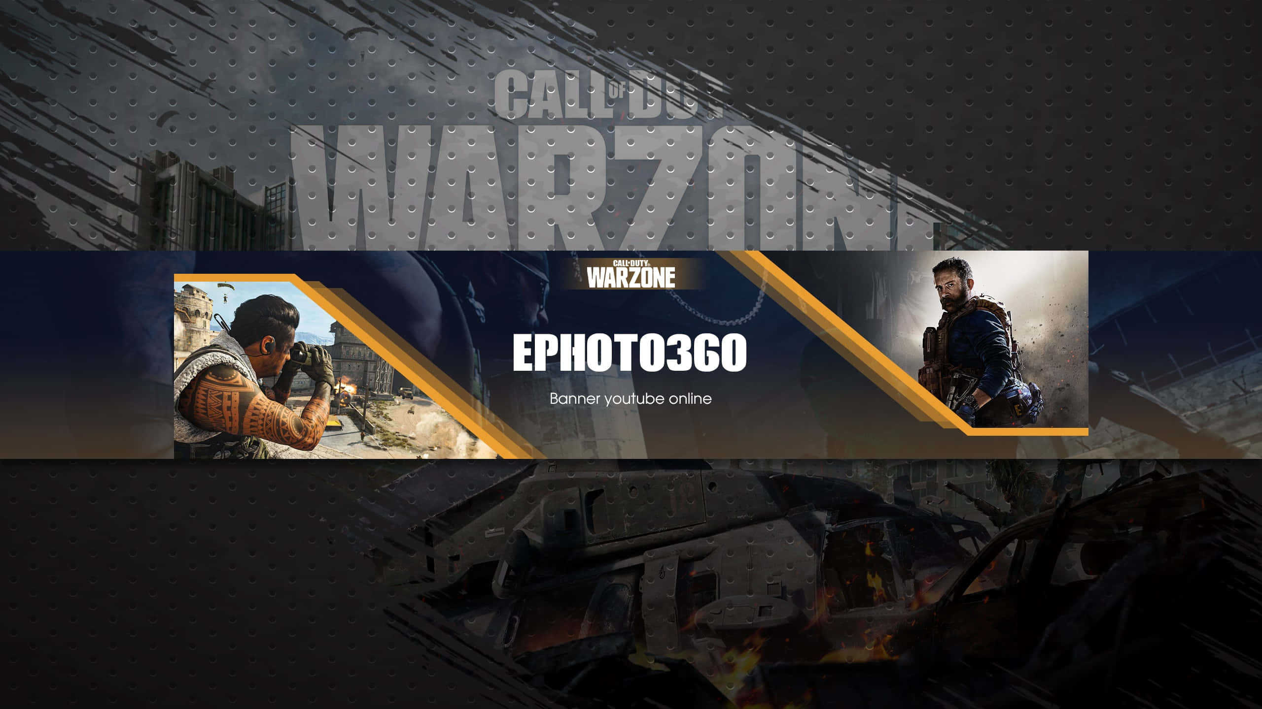 YouTube Banner Gaming 桌布 壁紙 — 一個粗獷的Call of Duty Warzone橫幅，展示兩名身穿戰鬥裝備的士兵，身處戰火摧殘的城市廢墟中，下方有燃燒的殘骸。
