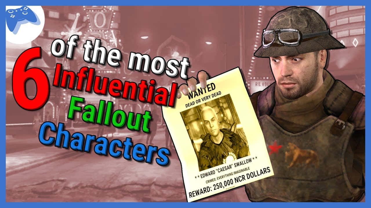Fallout Characters 桌布 壁紙 — 一個粗獷的Fallout遊戲角色在模糊的城市背景下舉著一張Edward Caesar Swallow的通緝海報。