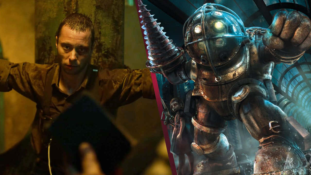 Bioshock Characters 桌布 壁紙 — 一個粗獷的人類身影在昏暗的工業環境中對抗一個具威脅性的裝甲機器人。