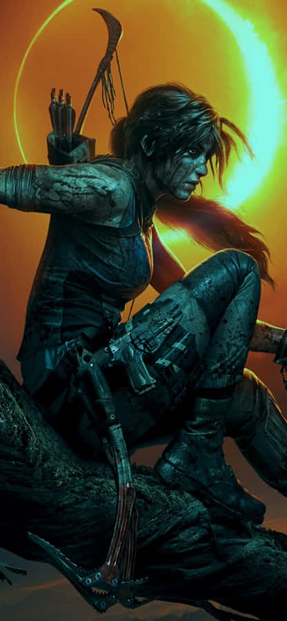 Lara Croft 桌布 壁紙 — 一個粗獷的冒險家帶著弓箭蹲在岩石上，背景是發光的橙色和綠色天體背景。