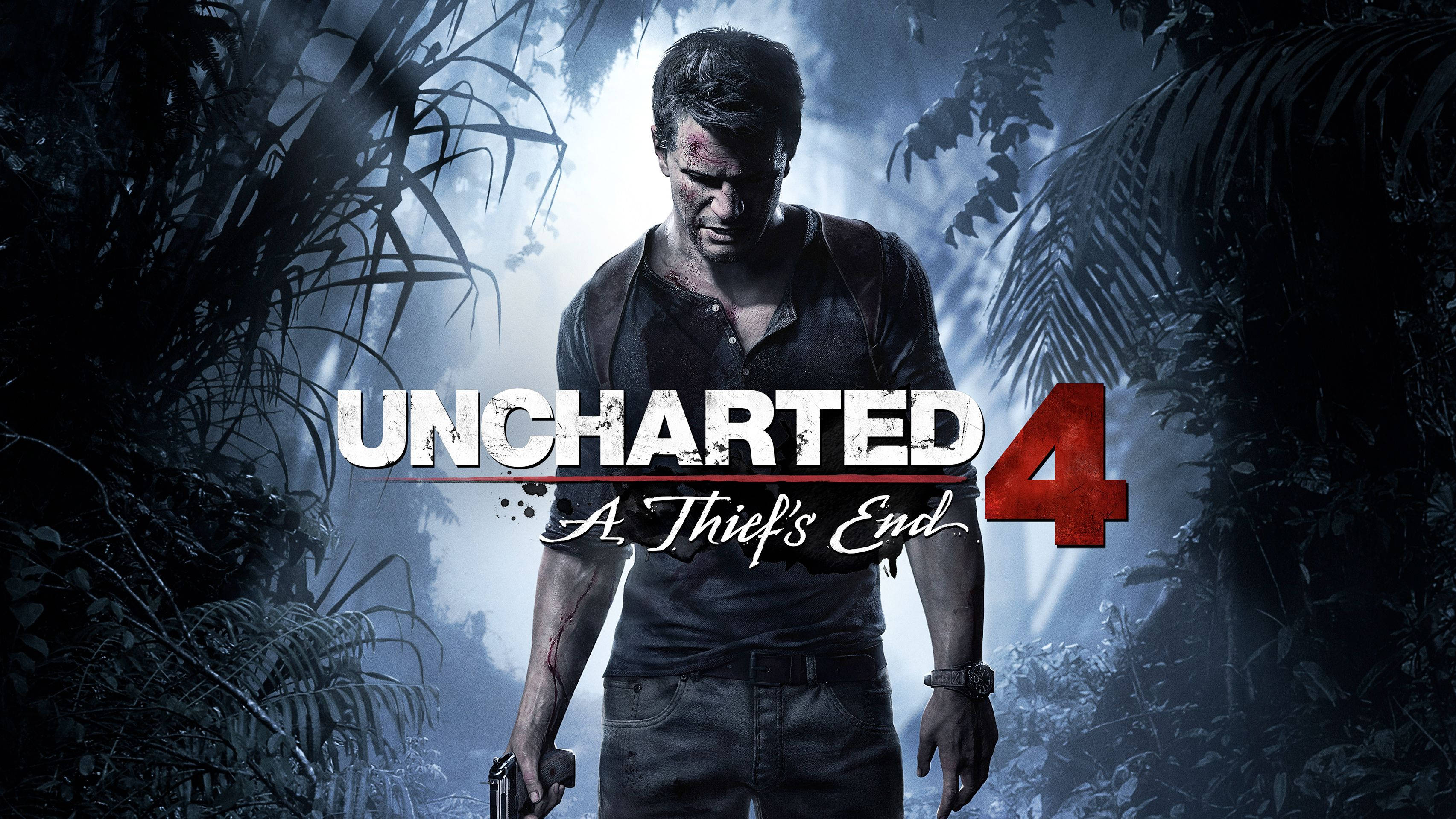 Uncharted 桌布 壁紙 — 一個粗獷的冒險家站在迷霧叢林中，手持手槍，帶有戲劇性的背光和遊戲標題疊加。