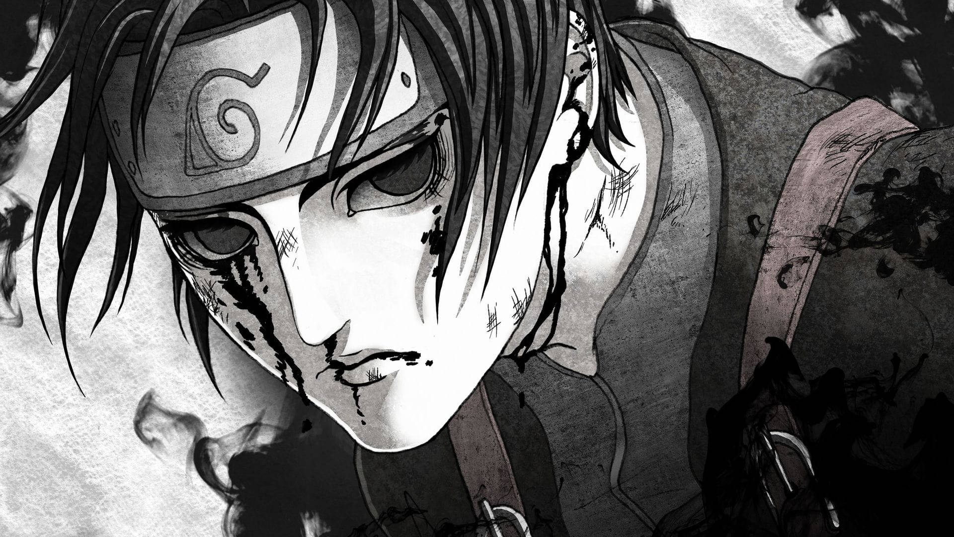 Anime Profile 桌布 壁紙 — 一個粗獷的動漫戰士，頭戴頭帶，滿臉鮮血，在煙霧瀰漫的黑白背景下凝視著。