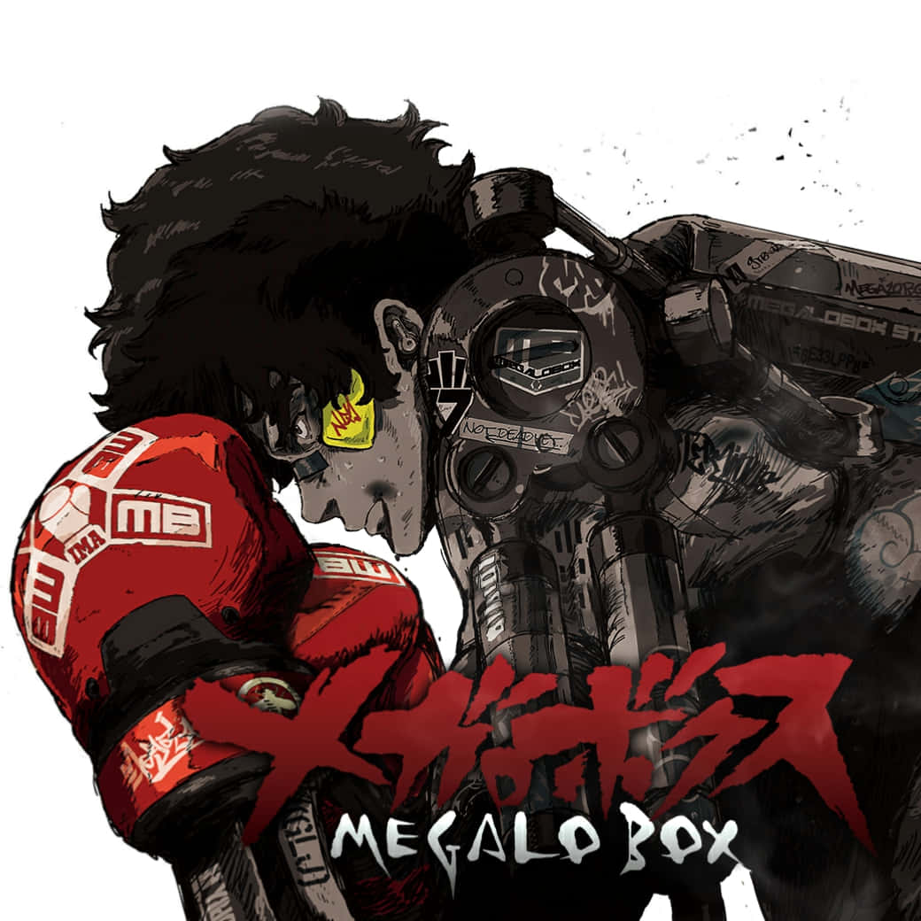 megalobox 桌布 壁紙 — 一個粗獷的動漫拳擊手戴著紅色手套，面對一個機械對手，其盔甲上佈滿塗鴉。