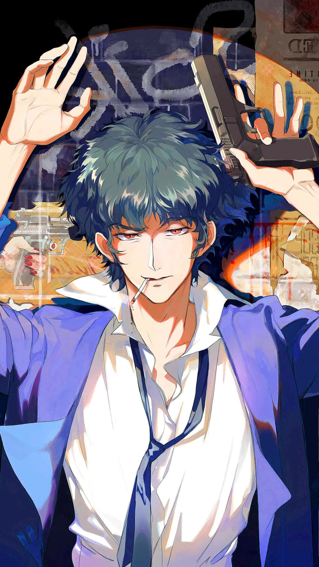 Cowboy Bebop 桌布 壁紙 — 一個粗獷的動漫男人，一頭凌亂的藍色頭髮，在佈滿塗鴉的城市背景下抽煙，同時將槍指著自己的頭。