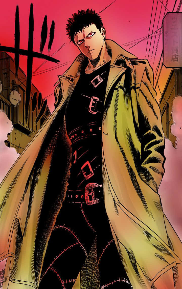Zombieman 桌布 壁紙 — 一個粗獷的動漫男人穿著風衣，在血紅色的城市背景下帶著鋸齒狀陰影挑釁地站立。