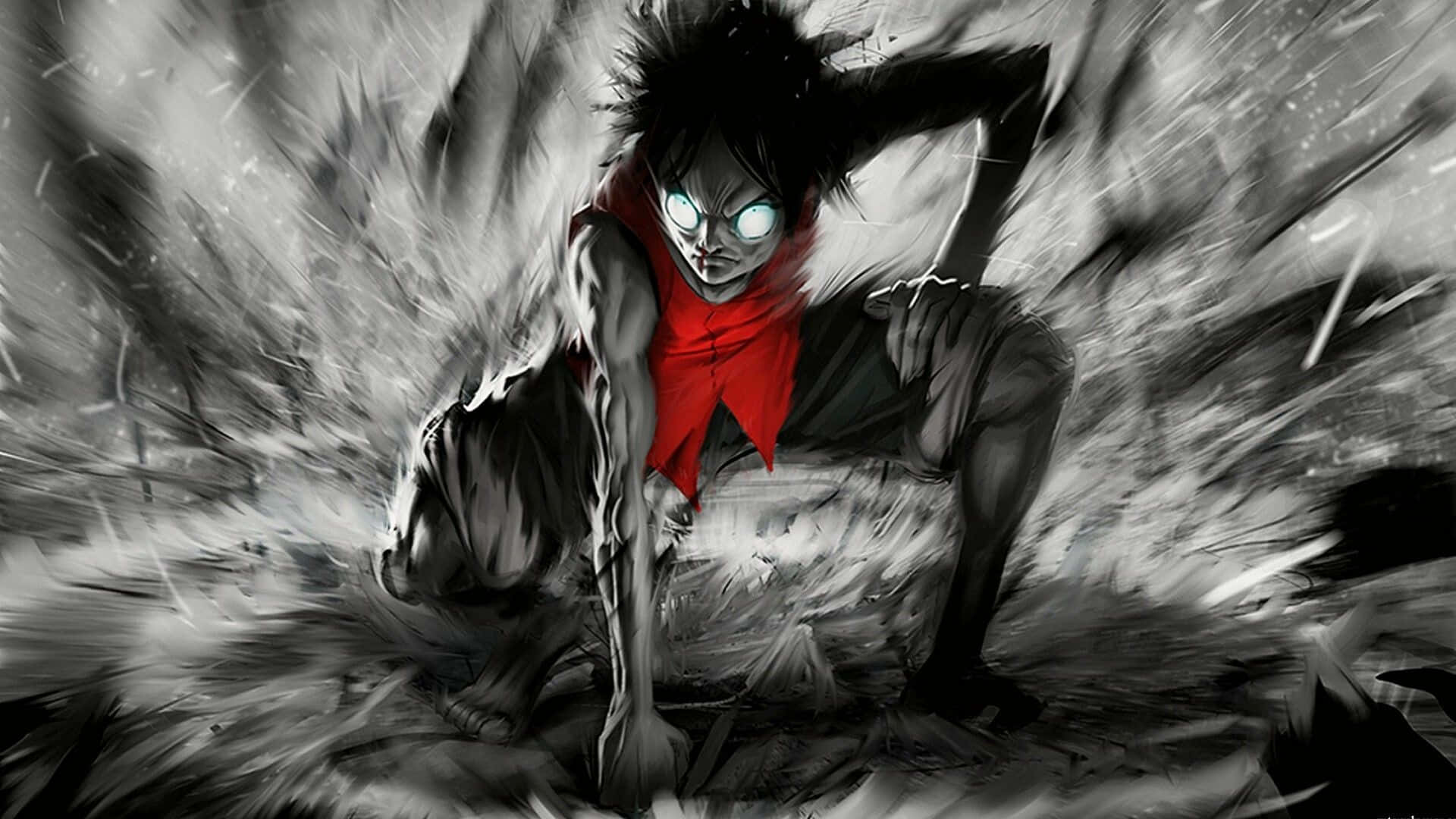 Horror Anime Boy 桌布 壁紙 — 一個粗獷的動漫角色，眼睛發光，戴著紅色圍巾，在動態的黑白場景中衝破瓦礫。