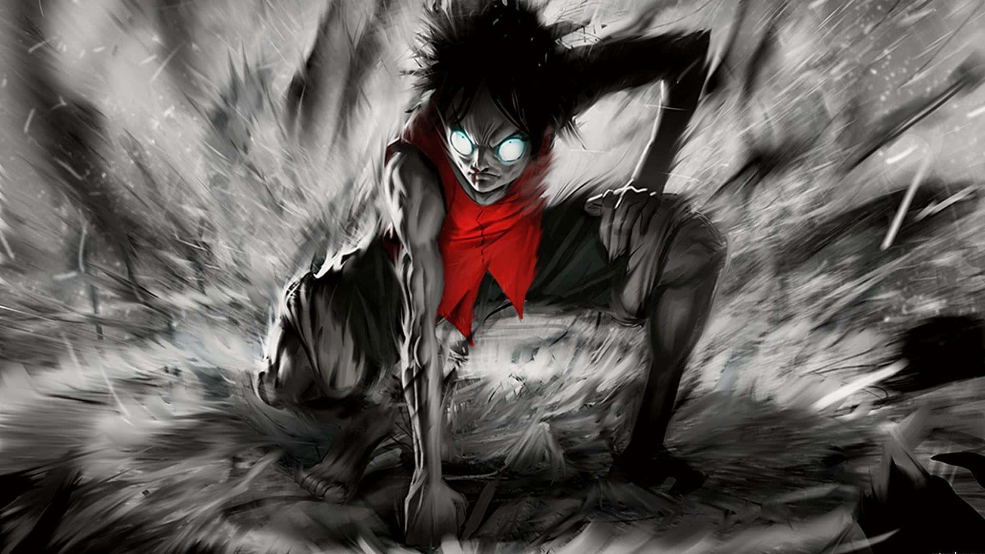 Luffy 桌布 壁紙 — 一個粗獷的動漫角色，眼睛發光，戴著紅色圍巾，蹲在碎片和煙霧的風暴中。