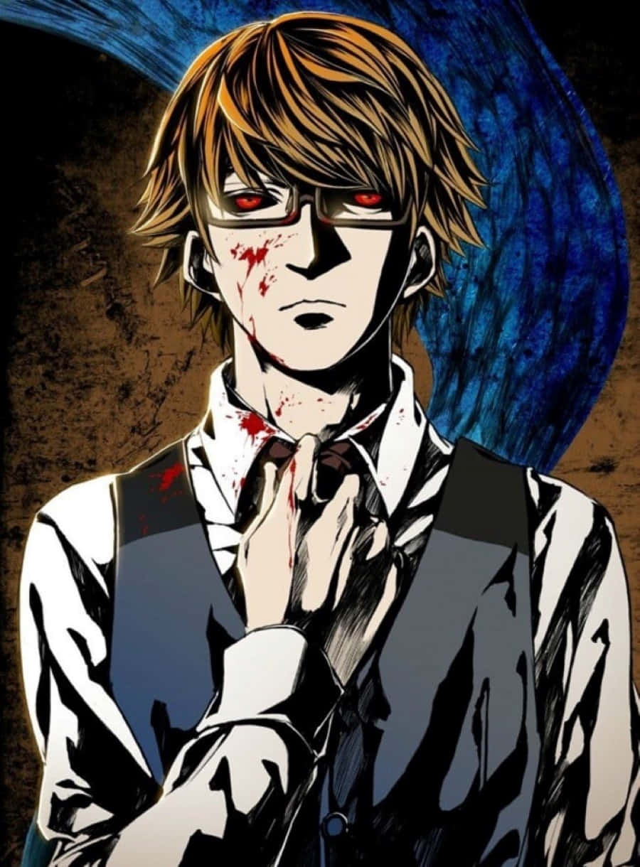 Nishiki Nishio 桌布 壁紙 — 一個粗獷的動漫角色，紅眼睛，臉上帶血，在深藍色和棕色紋理背景前調整領帶。