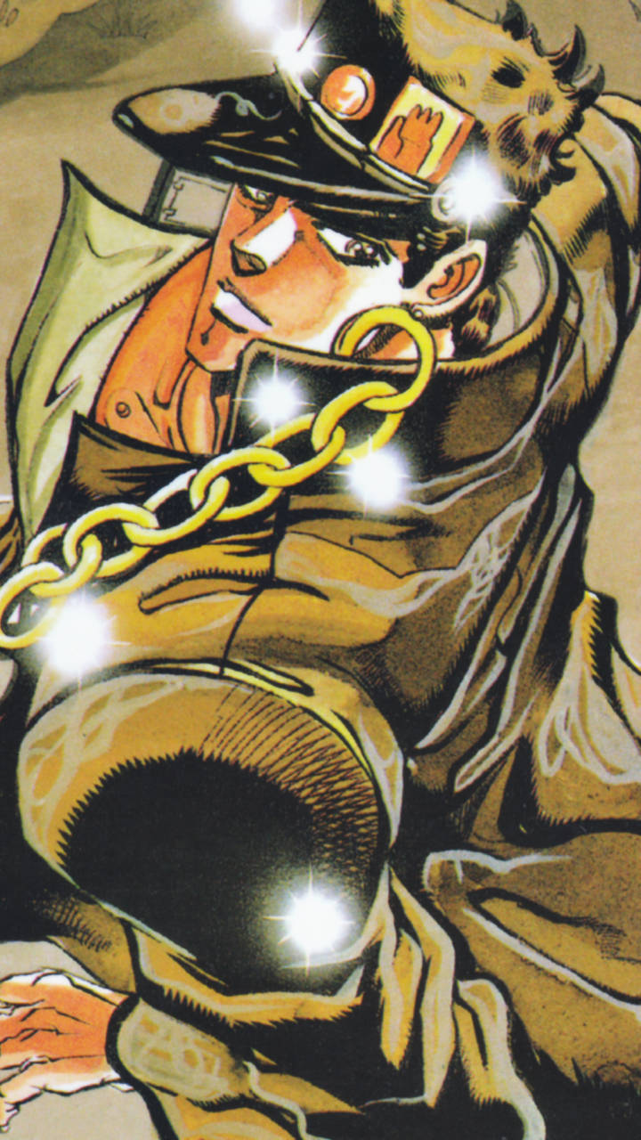 Jotaro 桌布 壁紙 — 一個粗獷的動漫角色，身穿棕色外套和帽子，胸前掛著一條發光的金色鏈條。