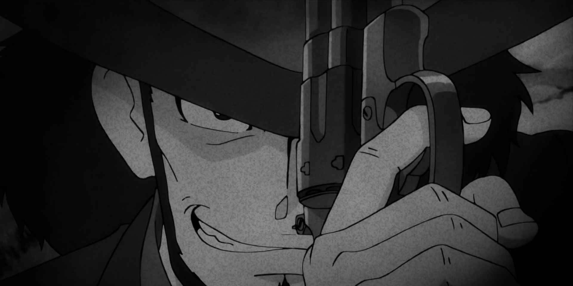 Lupin Iii Daisuke Jigen 桌布 壁紙 — 一個粗獷的動漫角色戴著寬邊帽，露出邪惡的笑容，用左輪手槍瞄準，黑白風格。