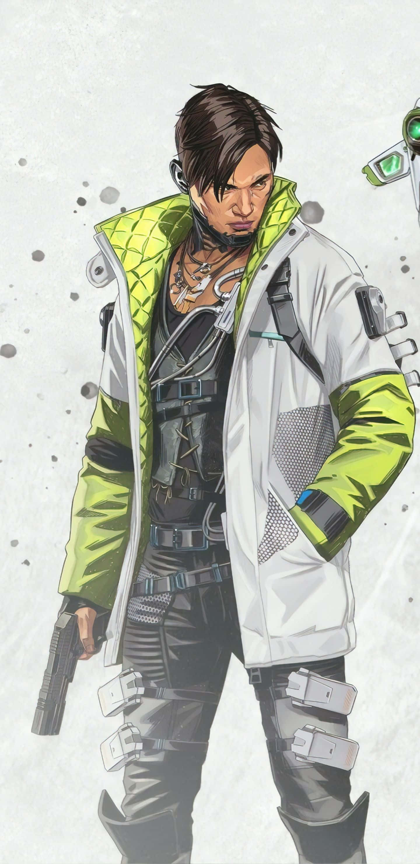 Pixel 3xl Apex Legends 桌布 壁紙 — 一個粗獷的動漫風格男性角色，身穿白色和螢光綠的戰術夾克，在斑駁的灰色背景前手持手槍。