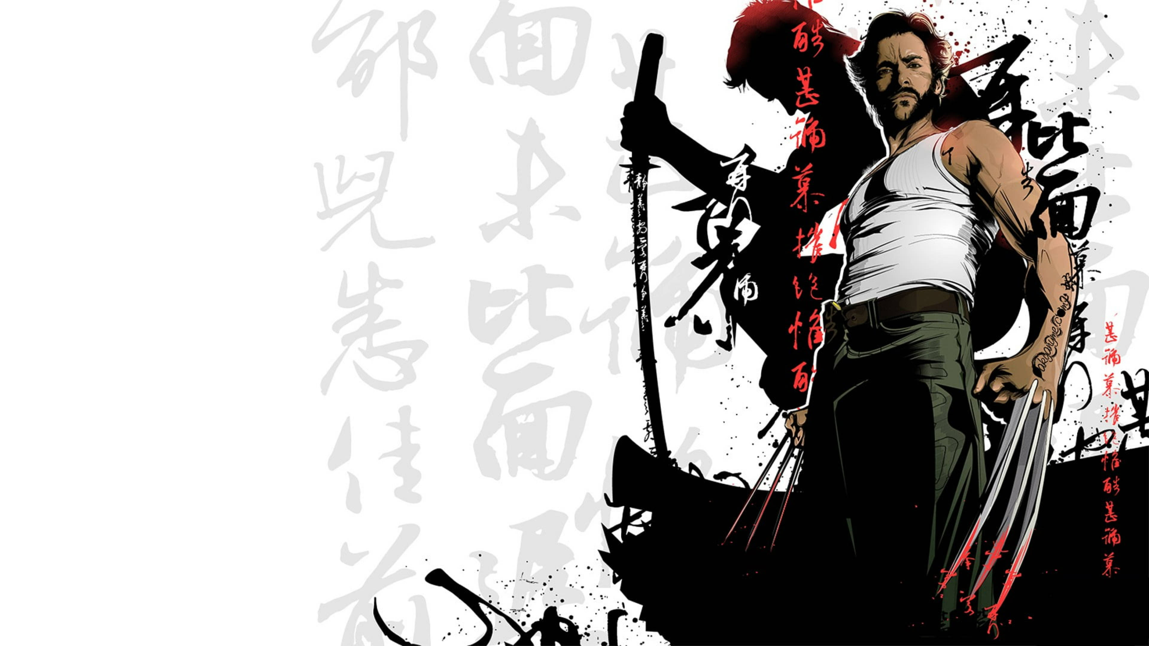 休·傑克曼 桌布 壁紙 — 一個粗獷的動漫風格金鋼狼，伸出爪子，在風格化的中國書法背景下挑釁地站立。