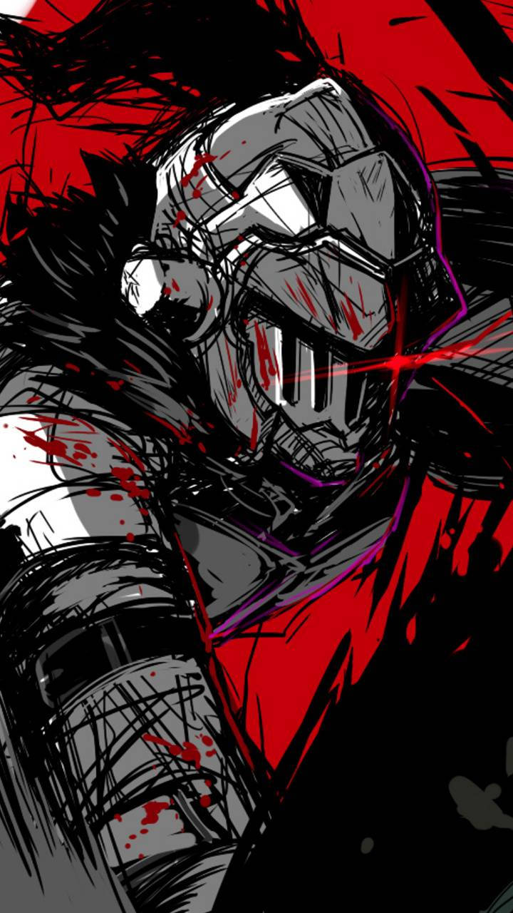 Goblin Slayer 桌布 壁紙 — 一個粗獷的動漫騎士，身穿盔甲，帶有血跡和紅色披風，背景是混亂的黑色和紅色。