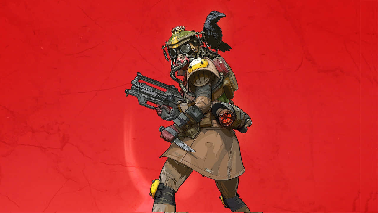 720p Apex Legends 桌布 壁紙 — 一個粗獷的動畫士兵戴著防毒面具和風衣，肩上站著一隻烏鴉，揮舞著重型武器，背景是破裂的紅色。