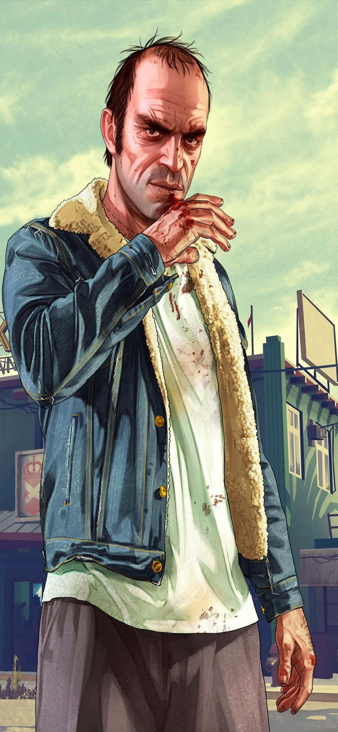 Denim 桌布 壁紙 — 一個粗獷的動畫男子穿著沾滿血跡的牛仔外套，將流血的手放在褪色的城市背景前，眼神銳利地凝視。