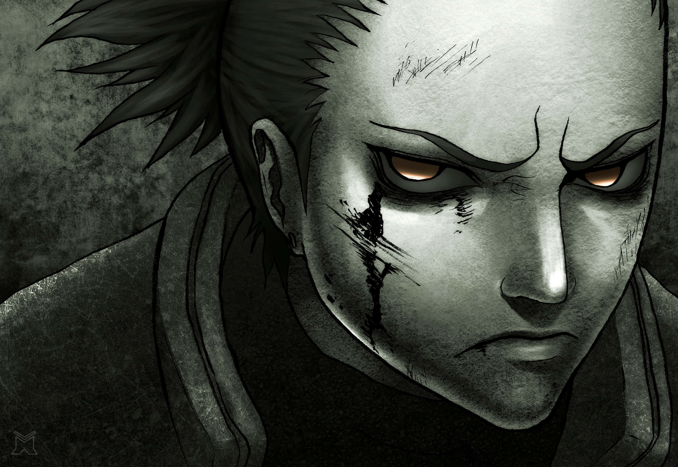 Shikamaru Nara 桌布 壁紙 — 一個粗獷的動畫肖像，描繪一位帶有傷疤的戰士，擁有發光的琥珀色眼睛和尖刺頭髮，背景是紋理灰色。