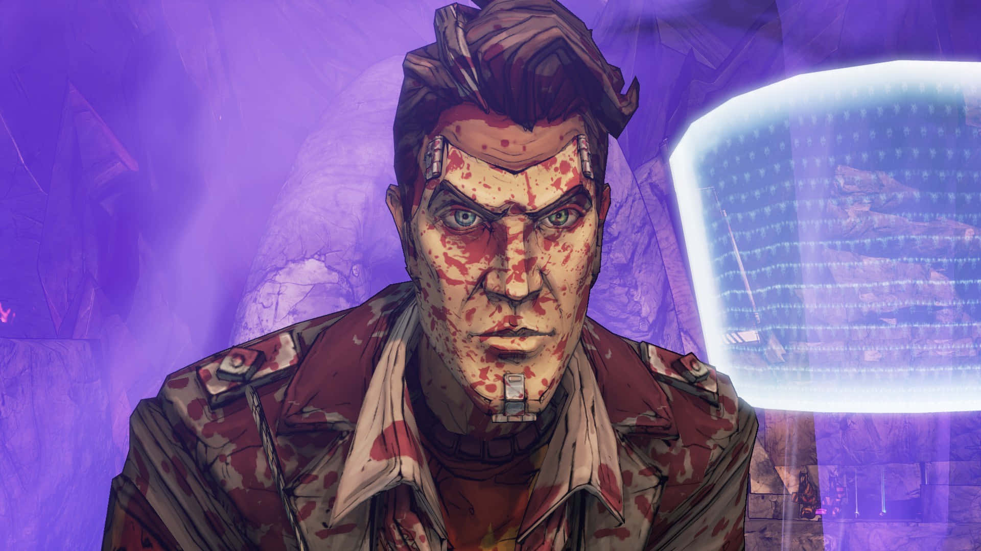 Borderlands 桌布 壁紙 — 一個粗獷的動畫角色，滿臉鮮血，帶有電子植入物，在發光的紫色科幻背景下強烈凝視。